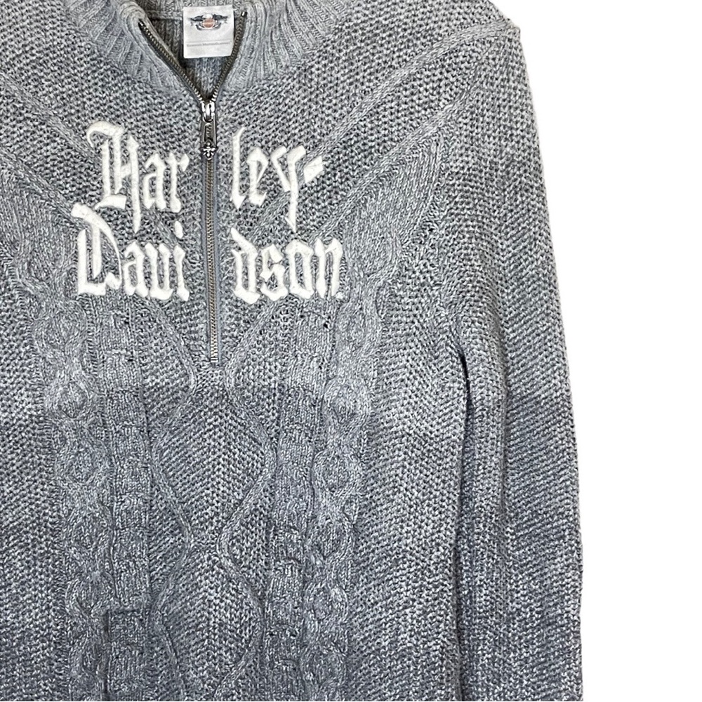 Harley Davidson Ombré Gray Cable Knit Embroidery Front 3/4 Zip Pull Over Sweater - Picture 9 of 12